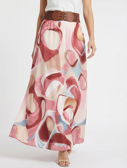 Falda larga estampada abstracta con cintura fantasía - Rosa