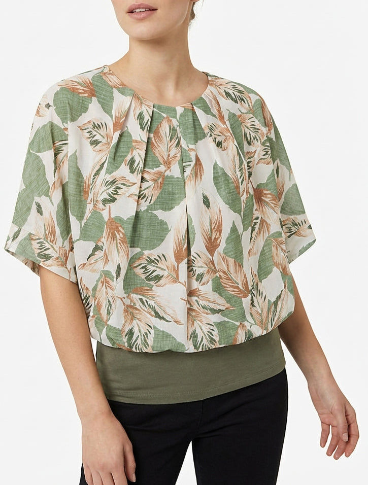Top estampado de follaje con mangas cortas - Caqui