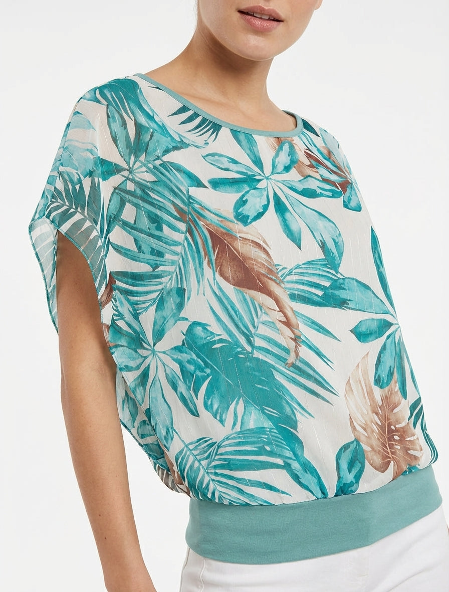 Top de bolas, mangas cortas, estampado tropical - Turquesa