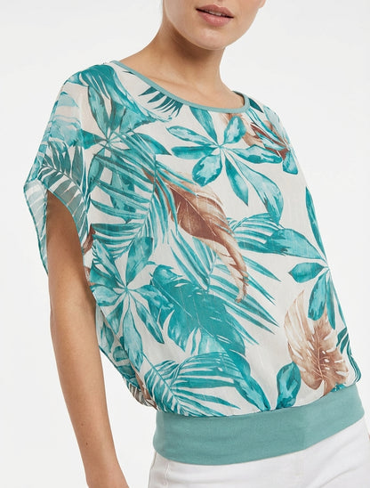 Top de bolas, mangas cortas, estampado tropical - Turquesa