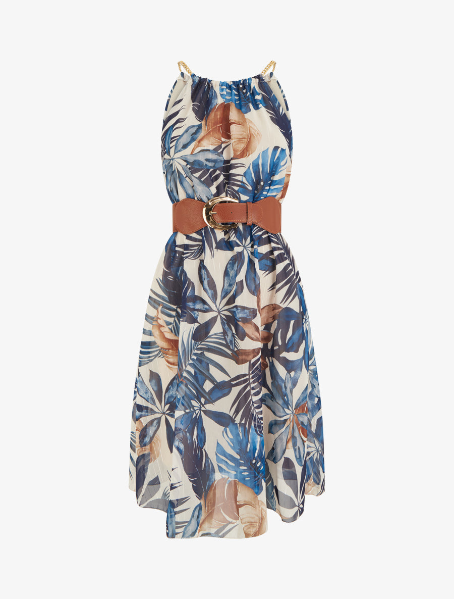 Robe à bretelles chaînes imprimé tropical - Marine - 1