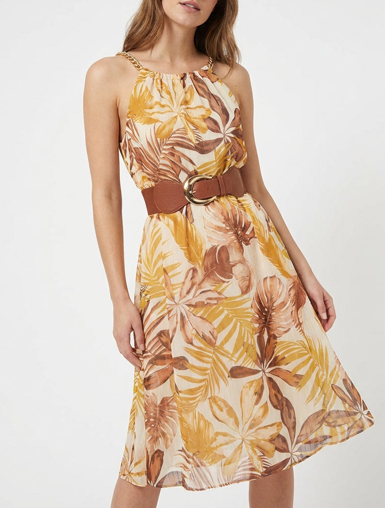 Vestido de tirantes con estampado tropical - Amarillo mostaza