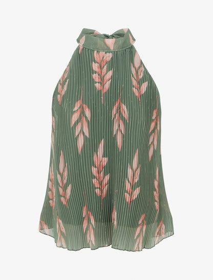 Top plissé sans manches imprimé feuillage - Kaki - 1