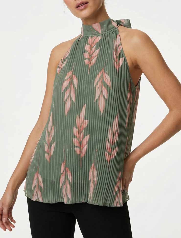 Top plisado sin mangas con estampado de hojas - Caqui