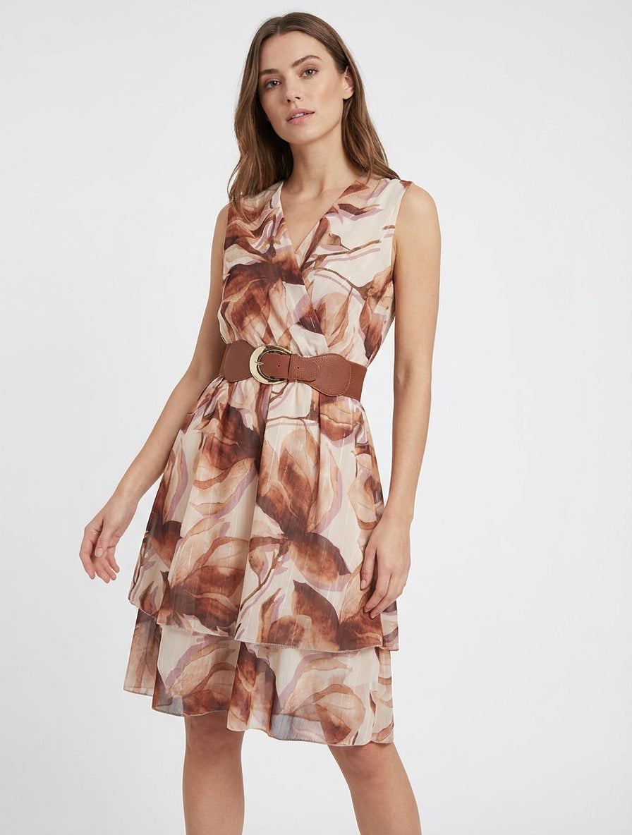 Vestido skater sin mangas con estampado de flores grandes - Marrón