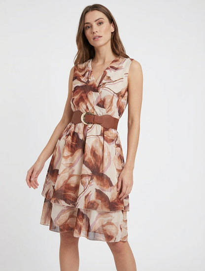 Vestido skater sin mangas con estampado de flores grandes - Marrón