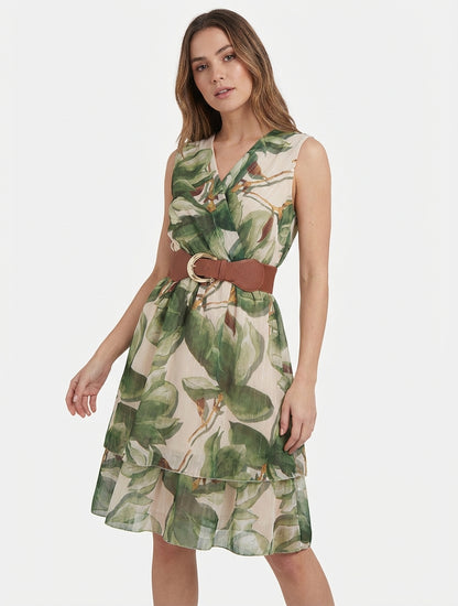 Vestido skater sin mangas con estampado de flores grandes - Caqui