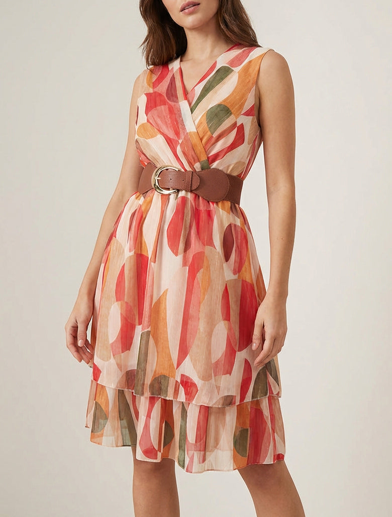 Vestido skater sin mangas con estampado de fantasía - Rojo