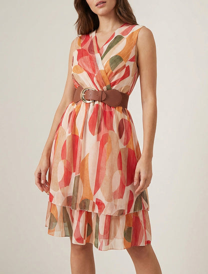 Vestido skater sin mangas con estampado de fantasía - Rojo