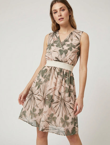 Vestido patinador sin mangas con estampado floral - Caqui