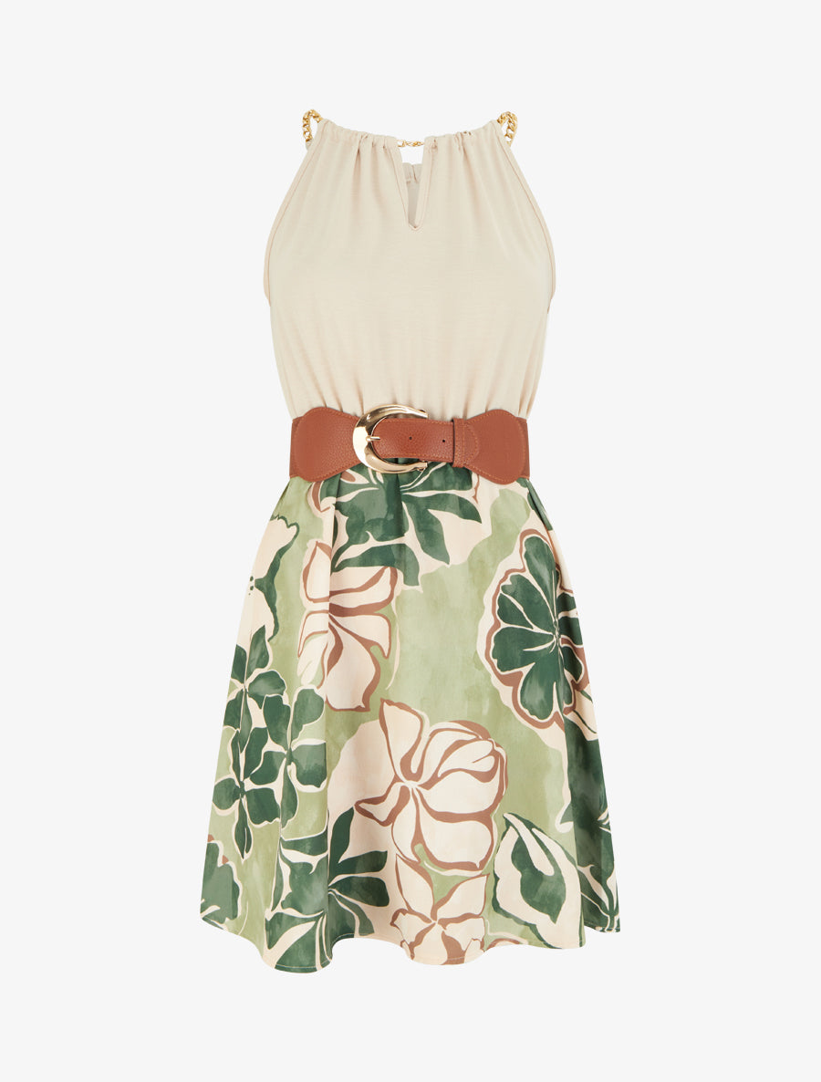 Robe à bretelles chaînes imprimé grandes fleurs - Kaki - 1