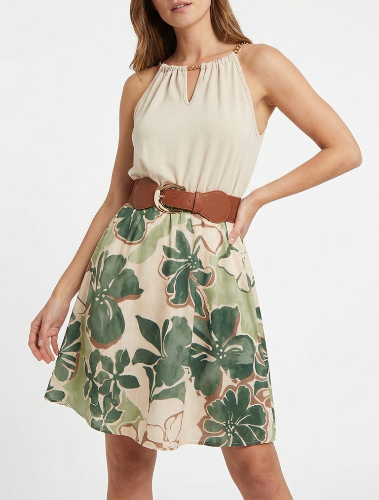 Vestido de tirantes con cadenas estampado de flores grandes - Caqui