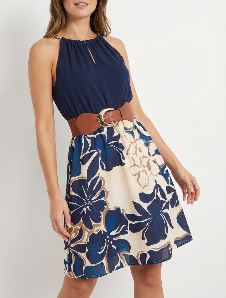 Vestido de tirantes con cadenas estampado de flores grandes - Marine