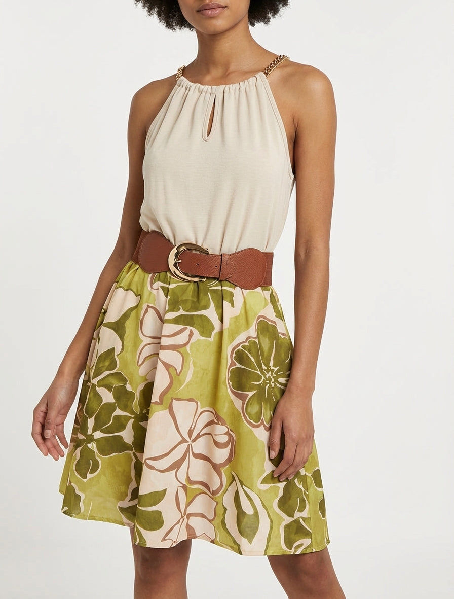 Vestido de tirantes con cadenas estampado de flores grandes - Verde oliva