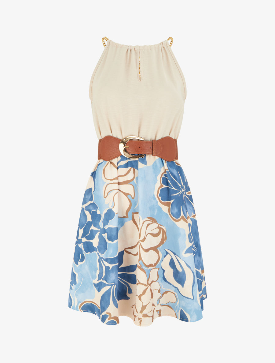 Robe à bretelles chaînes imprimé grandes fleurs - Bleu clair - 1