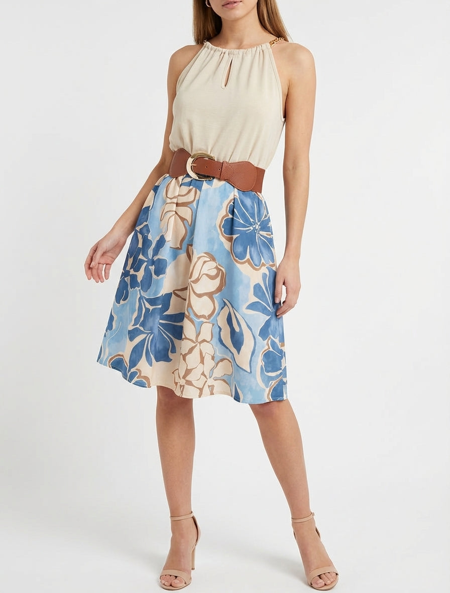 Vestido de tirantes con cadenas estampado de flores grandes - Azul claro