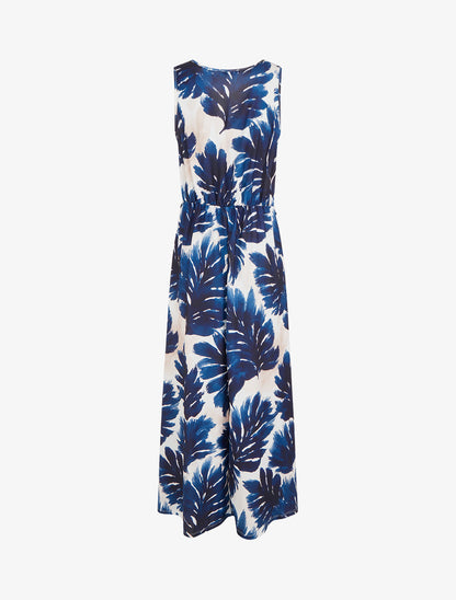 Robe imprimé feuillage à taille élastiquée - Marine - 2