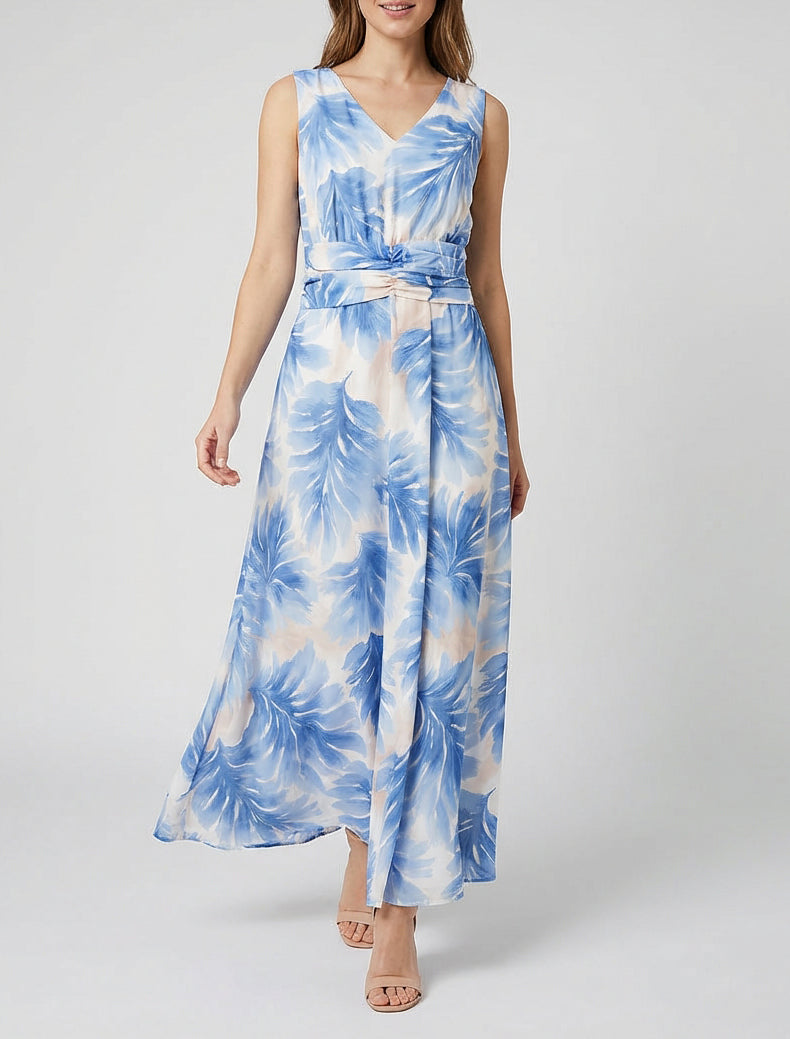 Vestido estampado de hojas con cintura elástica - Azul cielo
