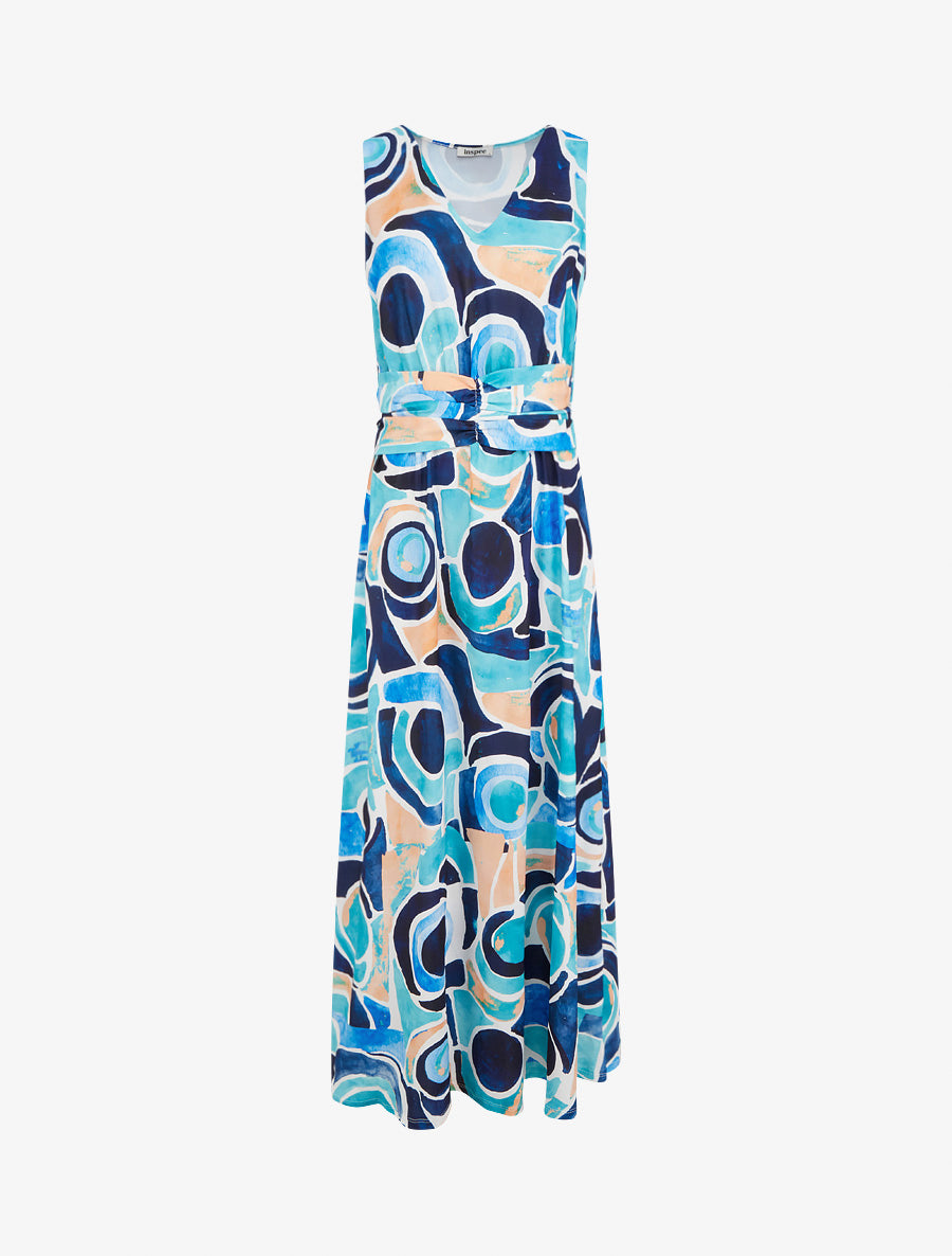 Robe imprimé abstrait à taille élastiquée - Marine - 1