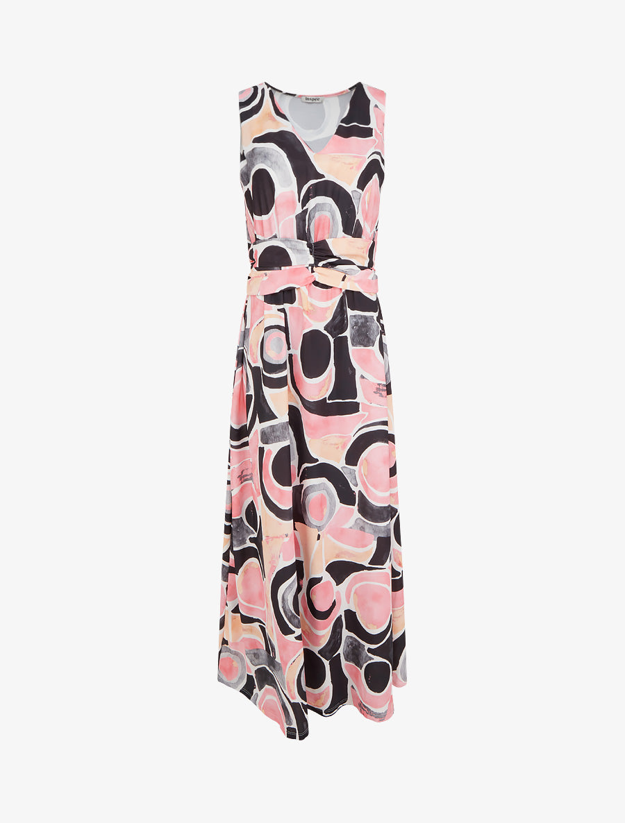 Robe imprimé abstrait à taille élastiquée - Noir - 1