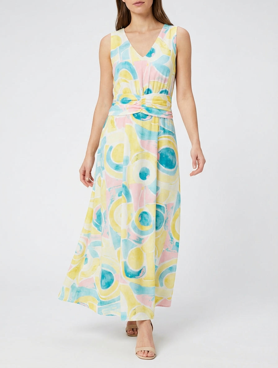 Vestido de estampado abstracto con cintura elástica - Amarillo