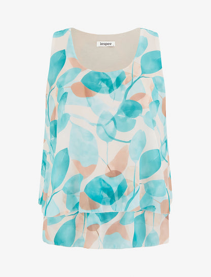 Top imprimé feuilles à bords volantés - Turquoise - 1