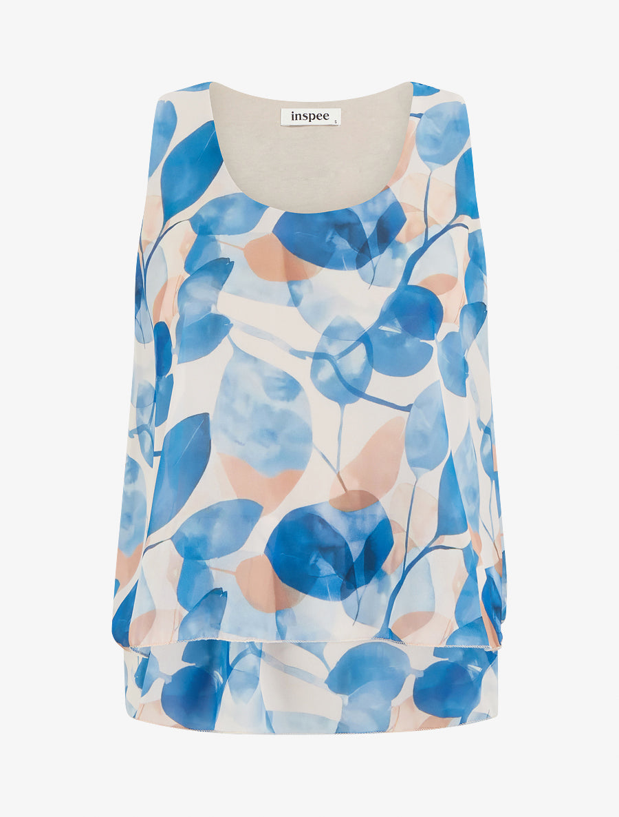 Top imprimé feuilles à bords volantés - Bleu - 1