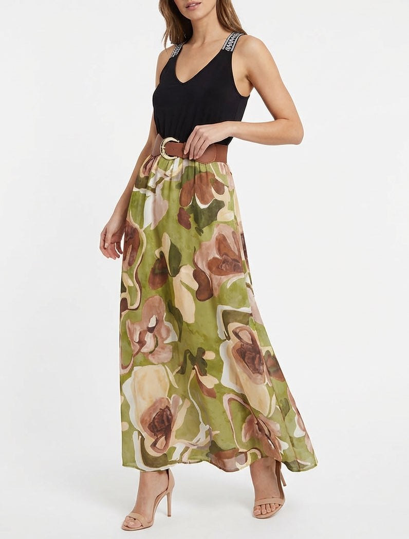 Vestido largo estampado fantasía - Verde oliva