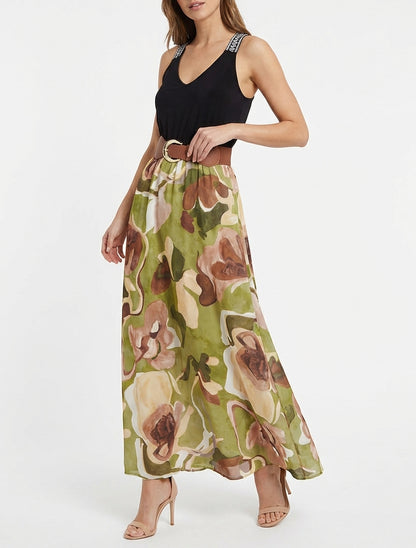 Vestido largo estampado fantasía - Verde oliva