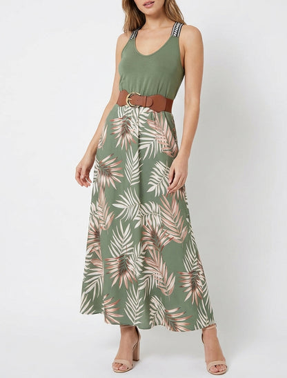 Vestido largo estampado de hojas - Caqui