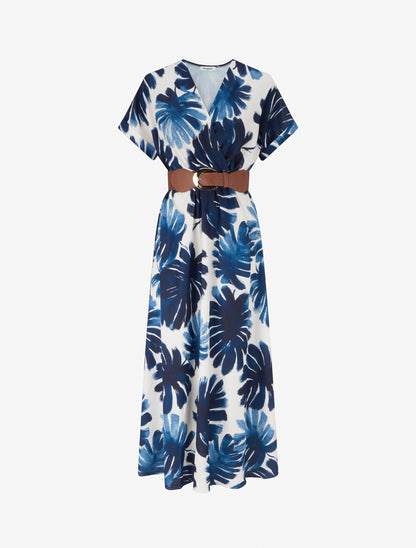 Robe longue manches courtes imprimé feuillage - Marine - 1