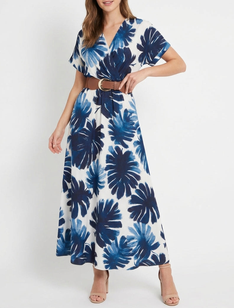 Vestido largo de manga corta con estampado de follaje. - Marine