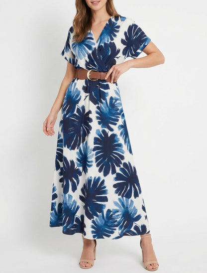 Vestido largo de manga corta con estampado de follaje. - Marine