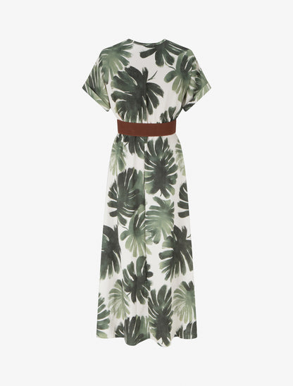 Robe longue manches courtes imprimé feuillage - Kaki - 2