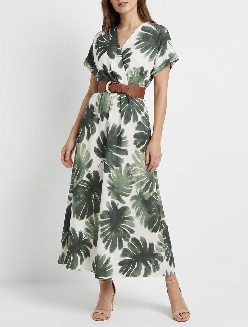 Vestido largo de manga corta con estampado de follaje. - Caqui