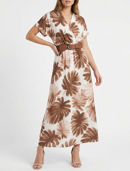 Vestido largo de manga corta con estampado de follaje. - Marrón