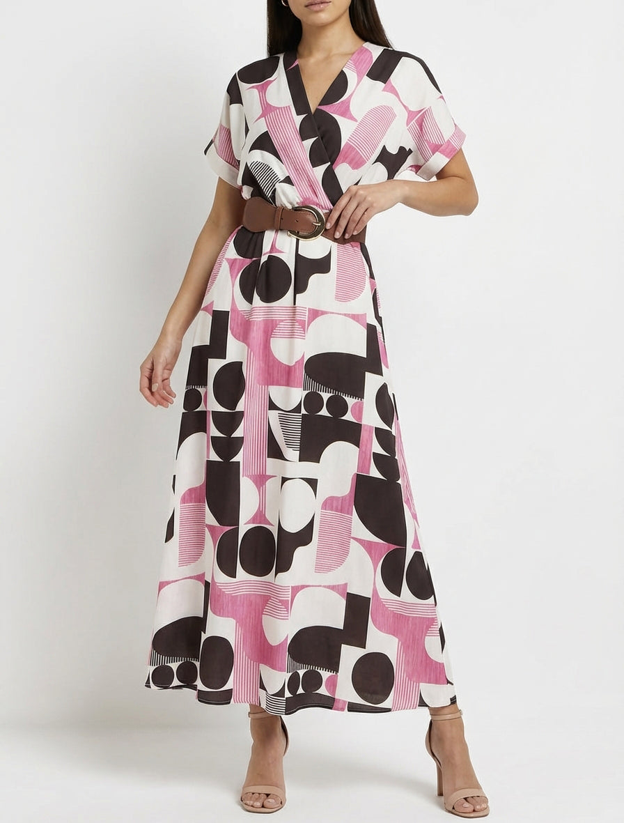 Vestido largo de mangas cortas con estampado gráfico - Marrón