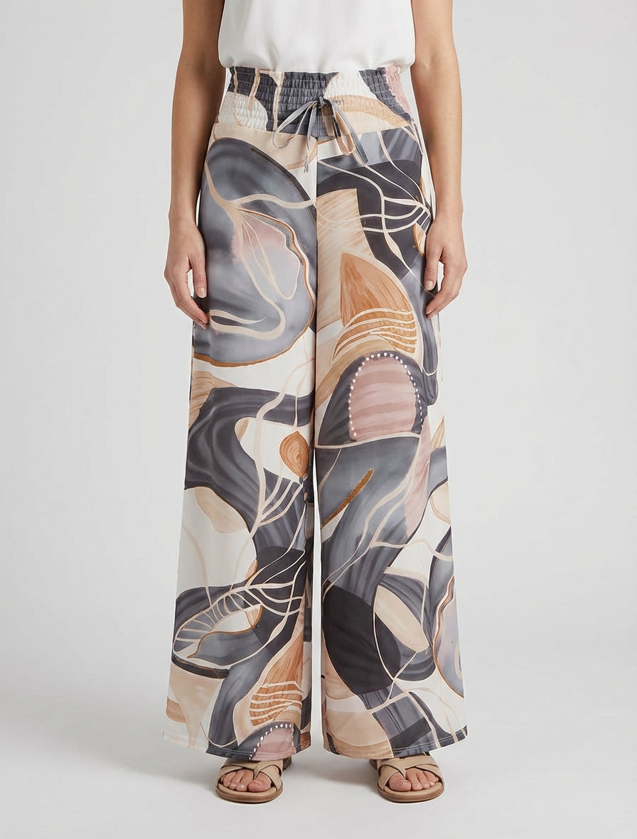 Pantalón estampado abstracto con cintura elástica - Negro