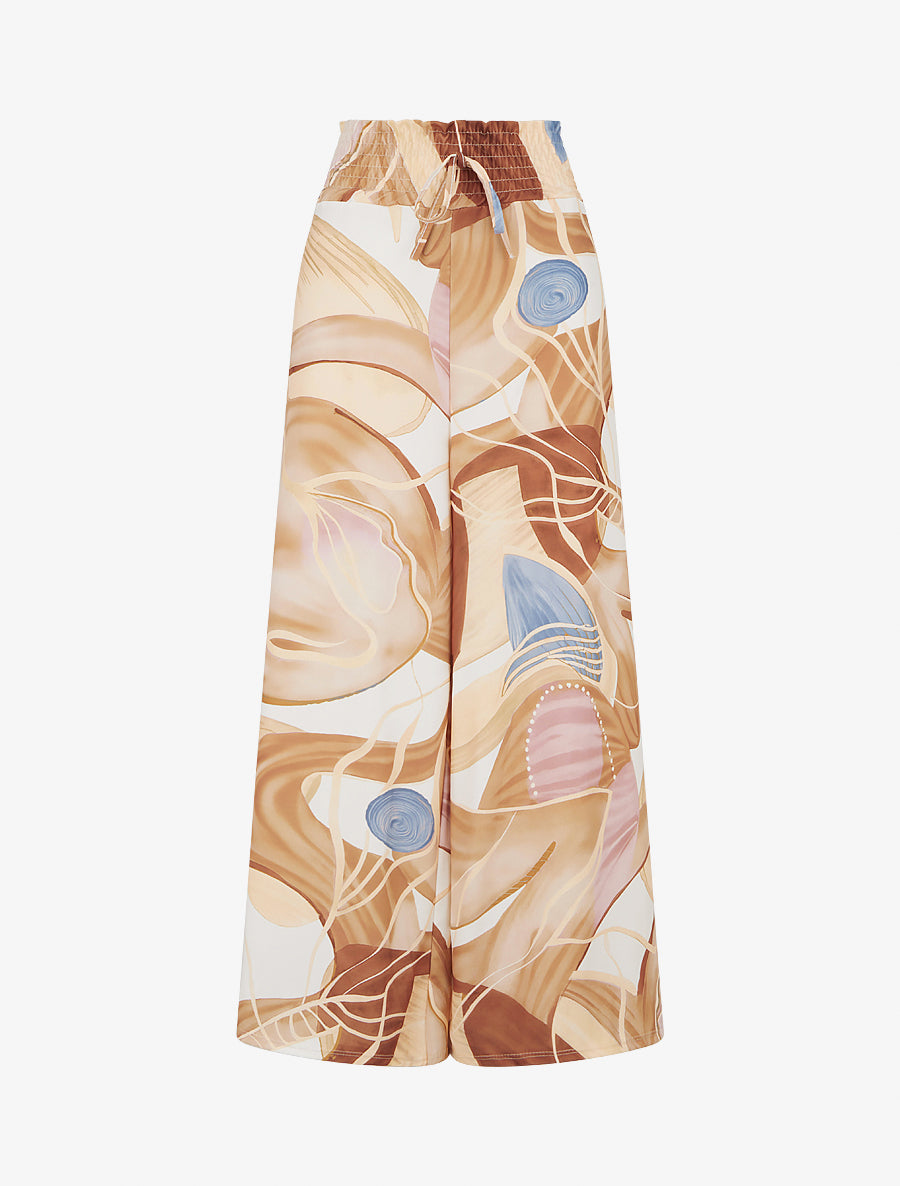 Pantalon imprimé abstrait à taille élastiquée - Camel - 1