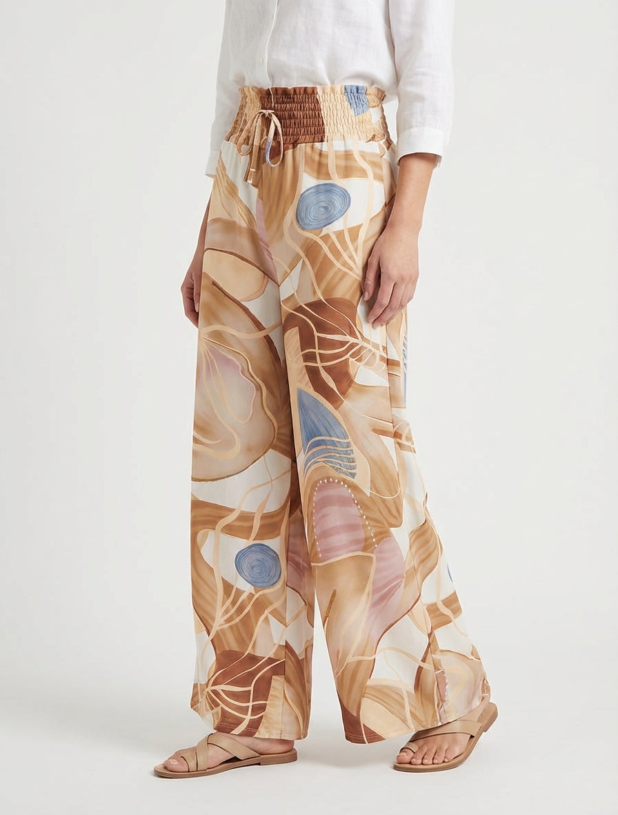 Pantalón estampado abstracto con cintura elástica - Camello