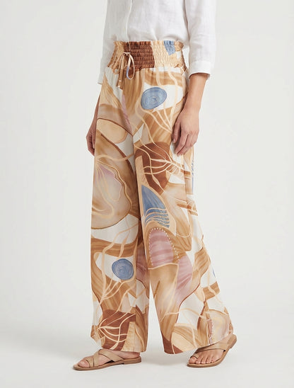 Pantalón estampado abstracto con cintura elástica - Camello