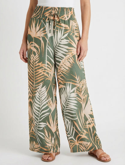 Pantalón estampado de hojas con cintura elástica. - Caqui