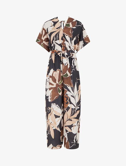 Combinaison imprimé floral à taille élastiquée - Noir - 1