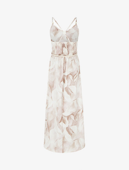 Robe longue imprimé floral à taille élastiquée - Beige - 2