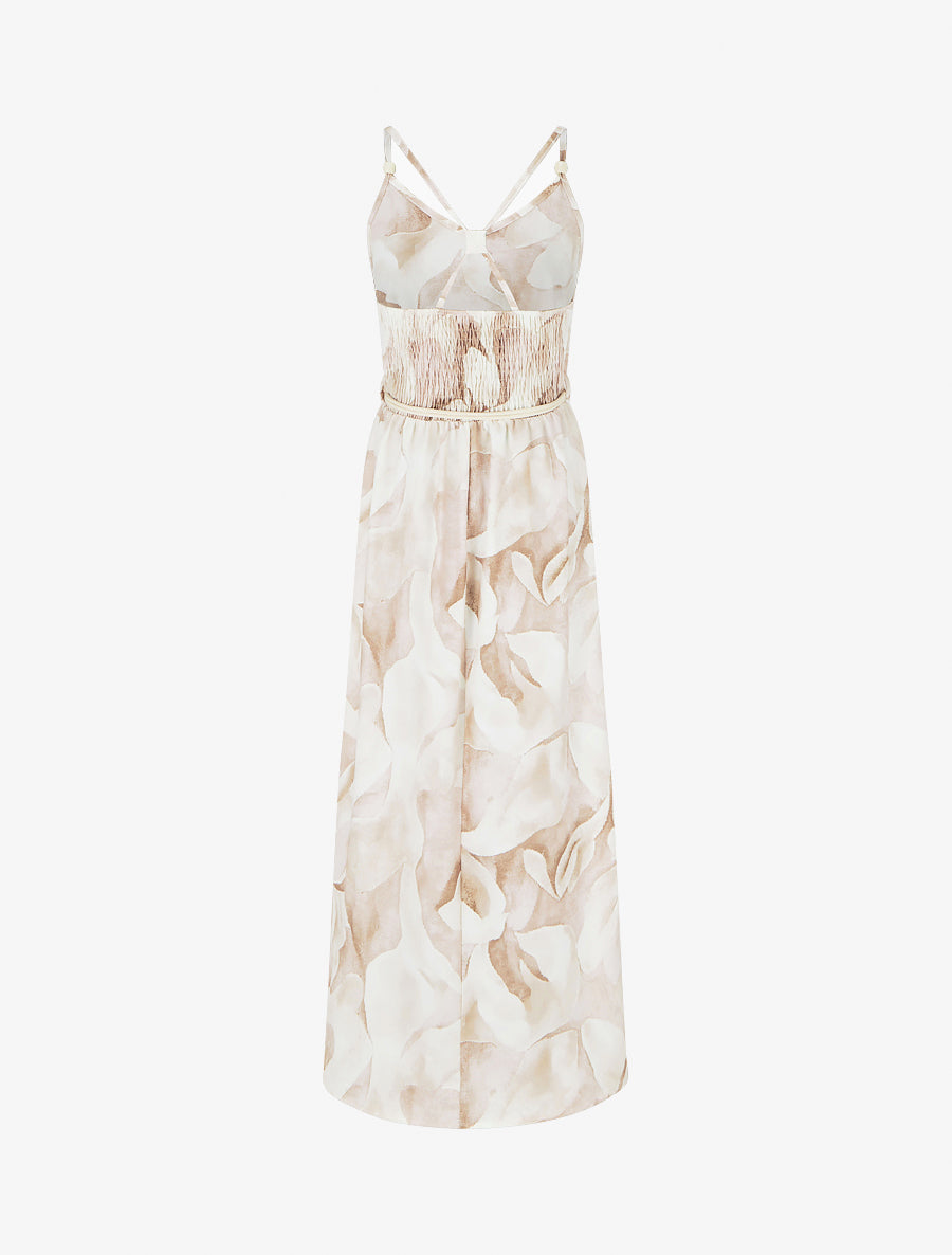 Vestido largo estampado floral con cintura elástica - Beis