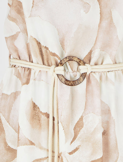 Vestido largo estampado floral con cintura elástica - Beis