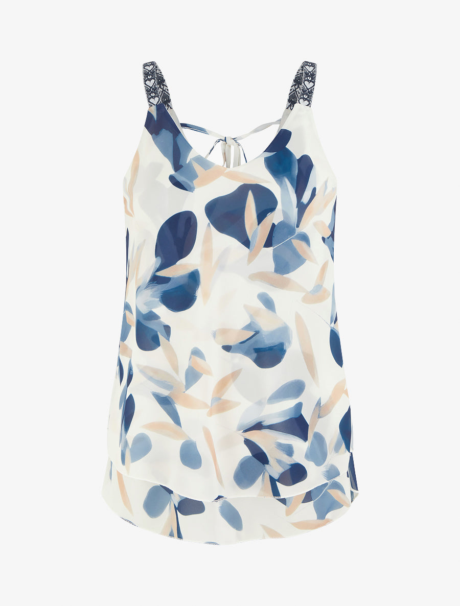Caraco imprimé feuillages à bretelles brodées - Marine - 1