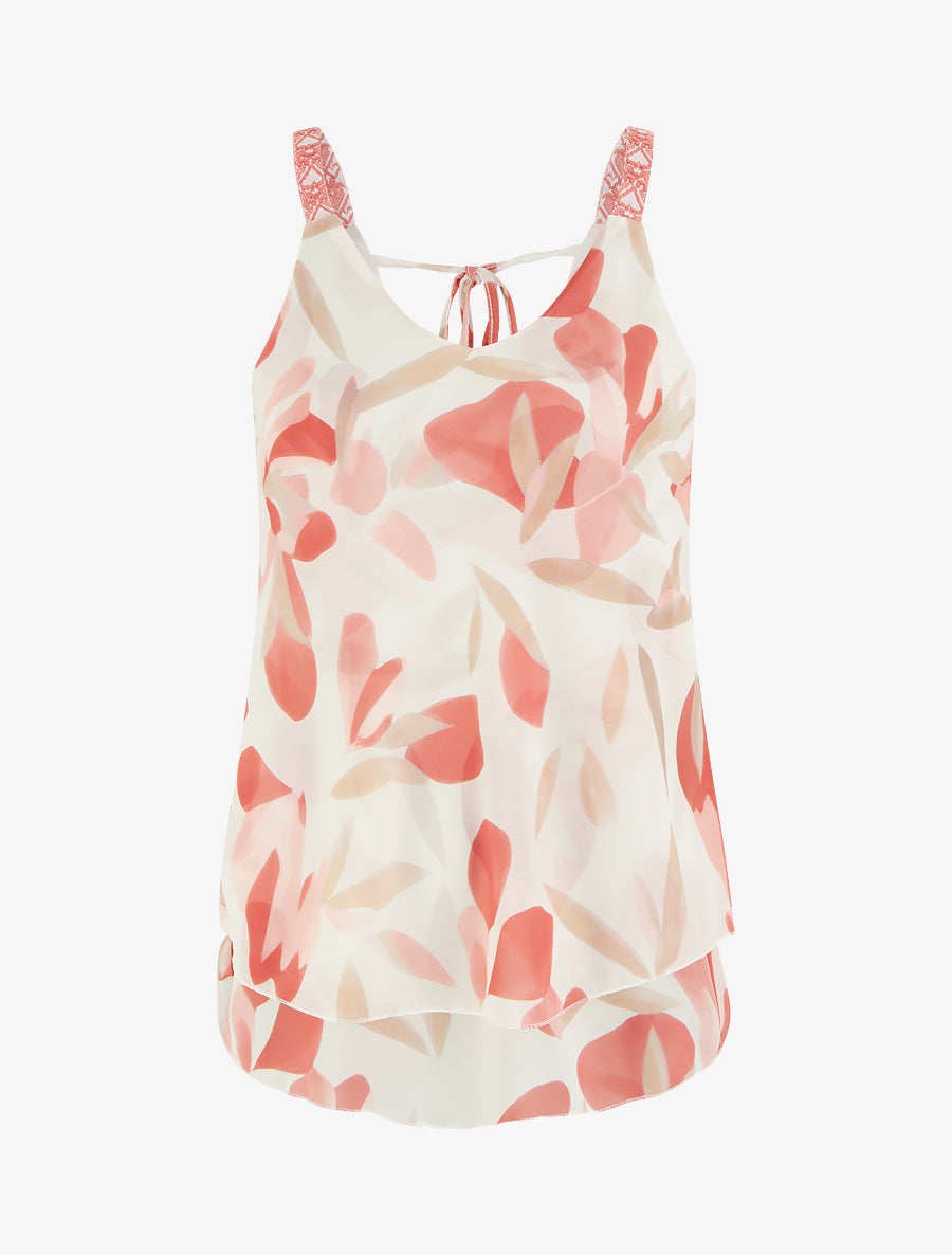 Caraco imprimé feuillages à bretelles brodées - Corail - 1