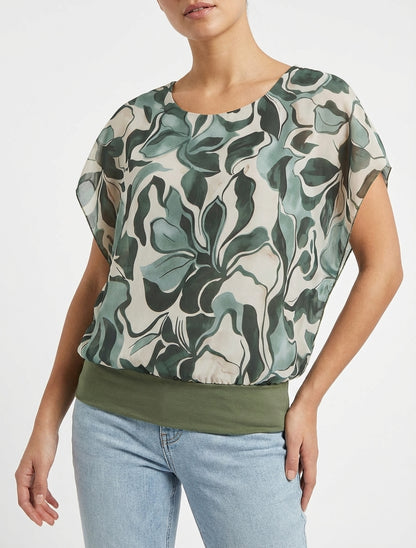 Top derecho de manga corta con estampado floral - Caqui