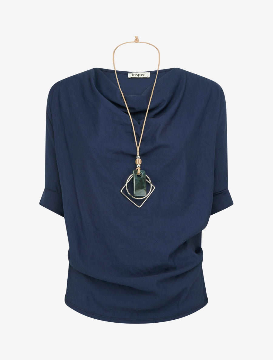 Top manches courtes effet lin à col bénitier - Marine - 1